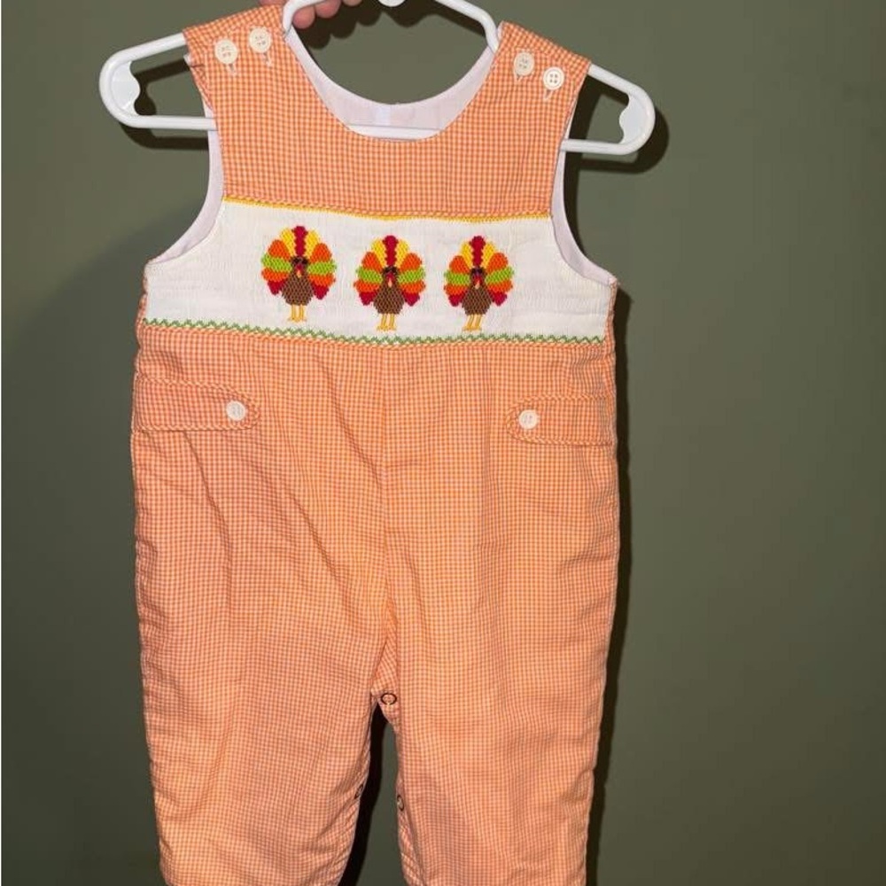 Smocked Orange Gingham Kids Overalls with Turkey Motif
